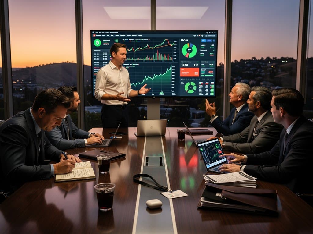 Blockchain pitch deck on screen in VC room with crypto charts, Fear & Greed Index, and market data