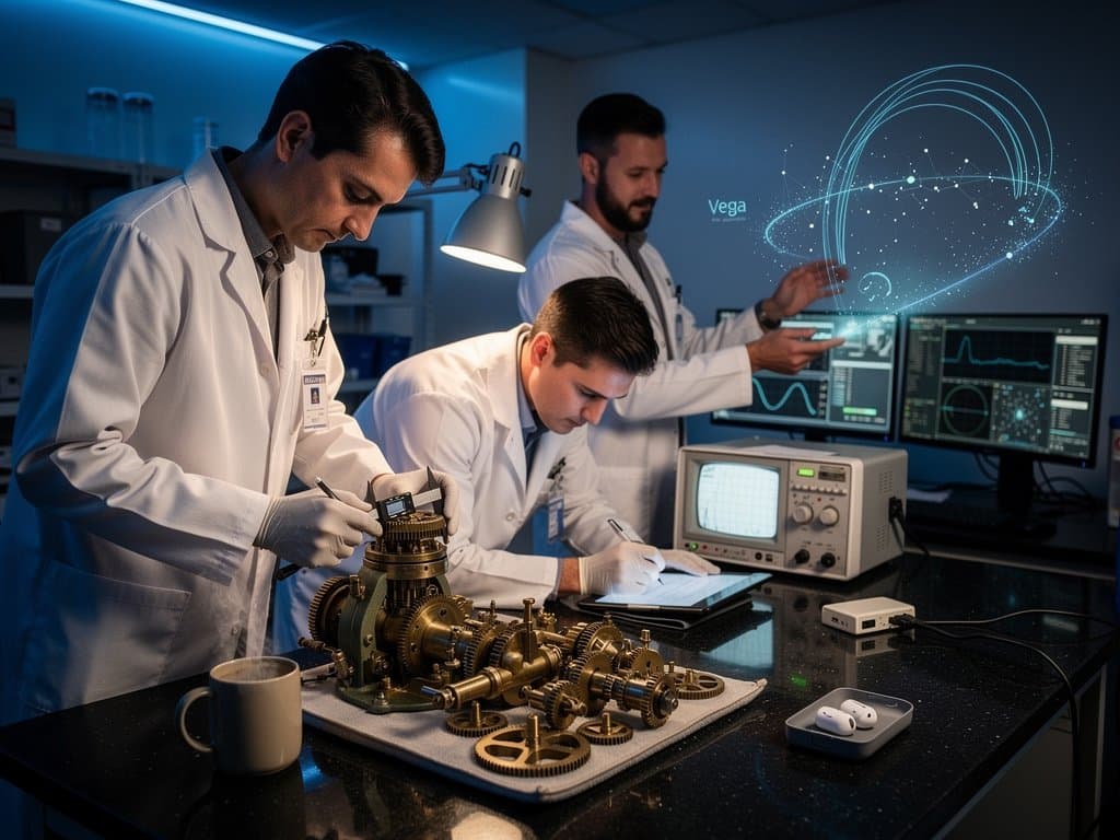 Brass gears of B-52 electromechanical angle computer on workbench amid lab tools, monitors, and server racks.