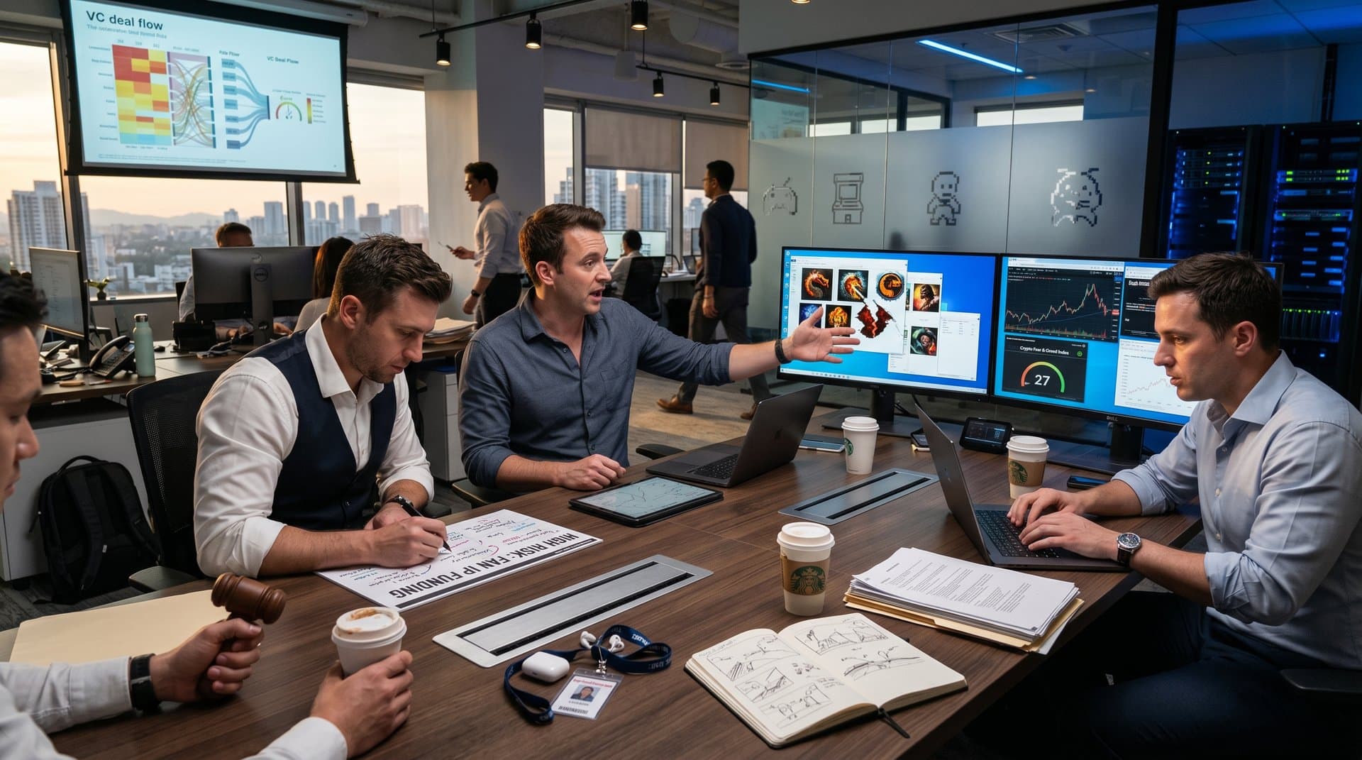 VC office monitors show Turtle WoW shutdown, Blizzard injunction, and Fear Index 27 charts