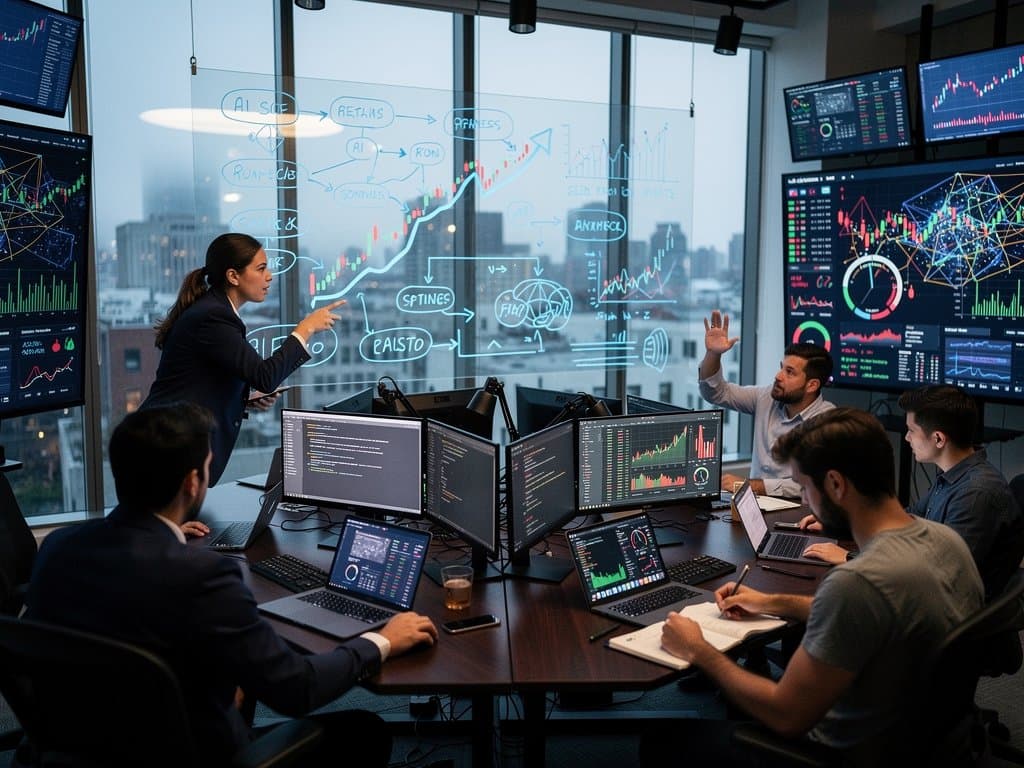 Startup team in loft office discusses ChatGPT strategies amid market fear charts on walls