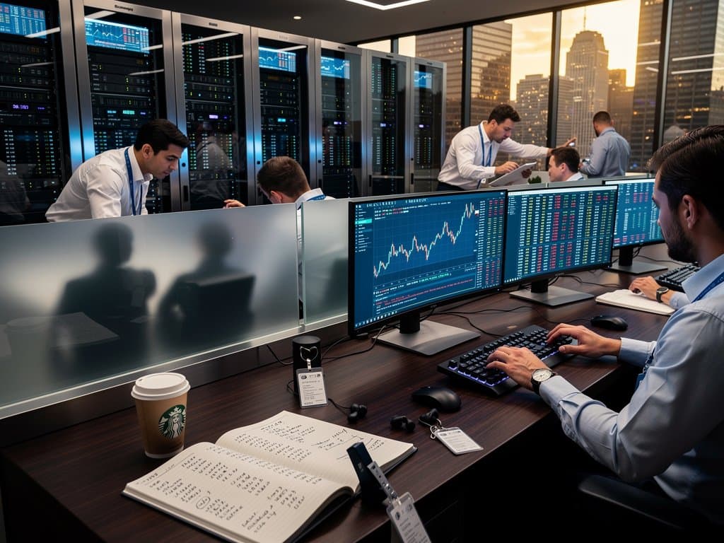 Trading desks with Bloomberg terminals showing Bitcoin price prediction charts at $74,983 dip, Fear & Greed at 27, sub-$80K buy signals