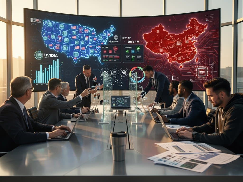 Digital world map showing US-China AI rivalry with neural networks, chips, barriers, and VC graphs in cyberpunk style