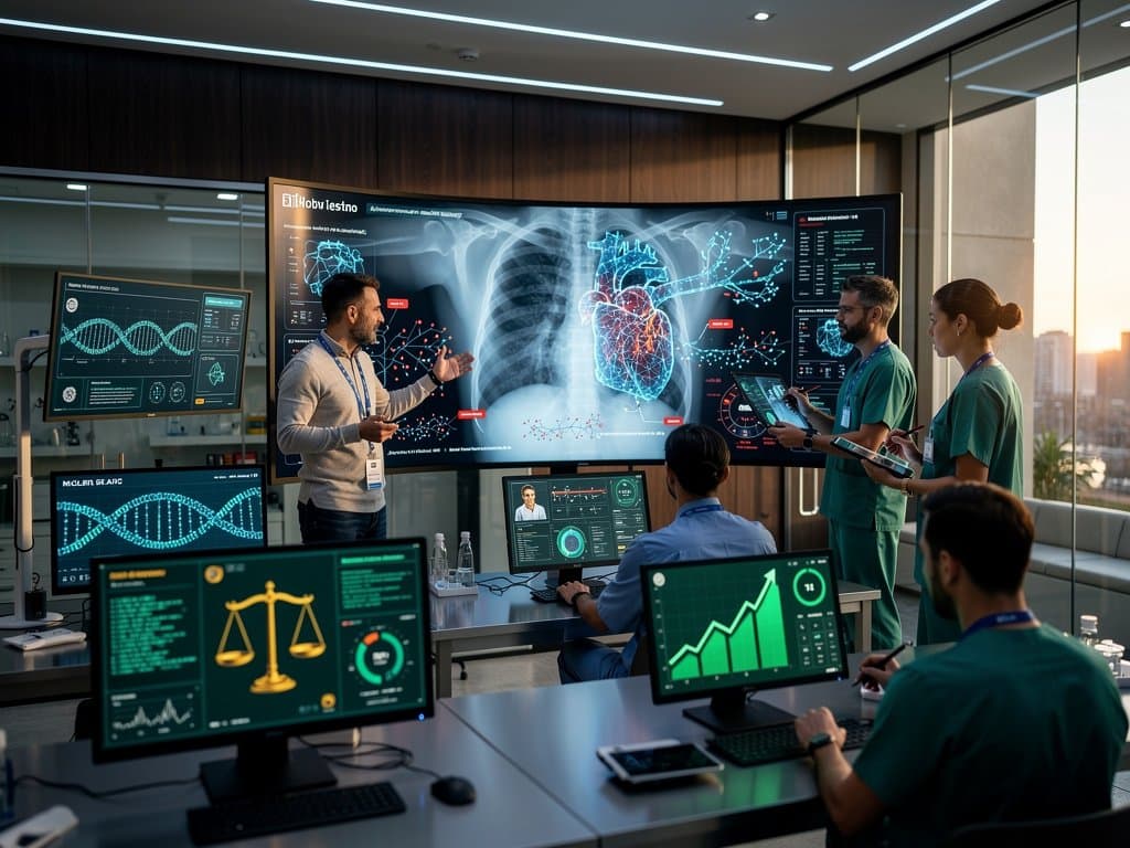 Abstract AI ethics in healthtech: neural networks on medical scans, fairness scales, 10x charts, bias dashboards in futuristic style