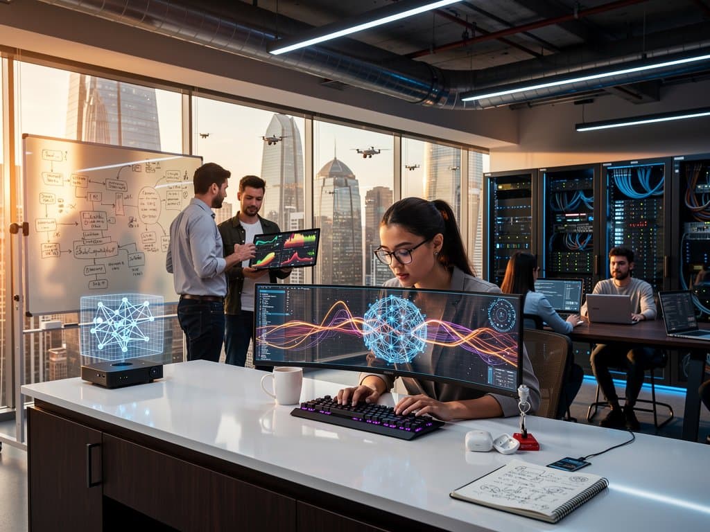 AI researchers analyze neural networks in modern lab with server racks and collaborative displays