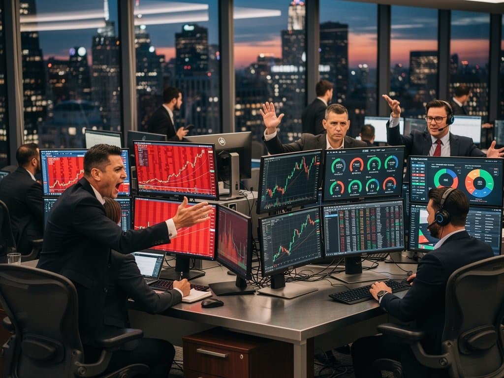 Trading desks with screens showing crypto dips and Fear & Greed Index during market fear