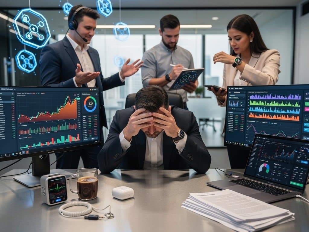 Blockchain exec desk with crypto price charts, Fear Index 29, and AI wellness dashboard on monitors in high-tech office