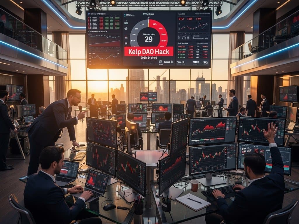 Traders at executive desks with Bloomberg terminals showing red crypto charts, DeFi hack alerts, and Fear & Greed index amid busy floor activity