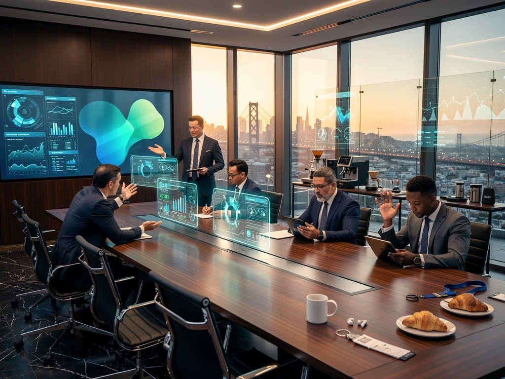 Salesforce boardroom with AI CRM dashboards, Agentforce analytics, and San Francisco skyline view