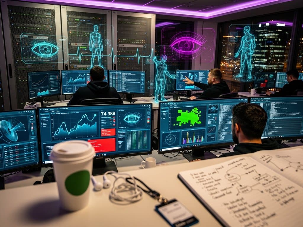 Fintech cyber ops center with deepfake detection dashboards, crypto charts, and anomaly alerts on glowing terminals