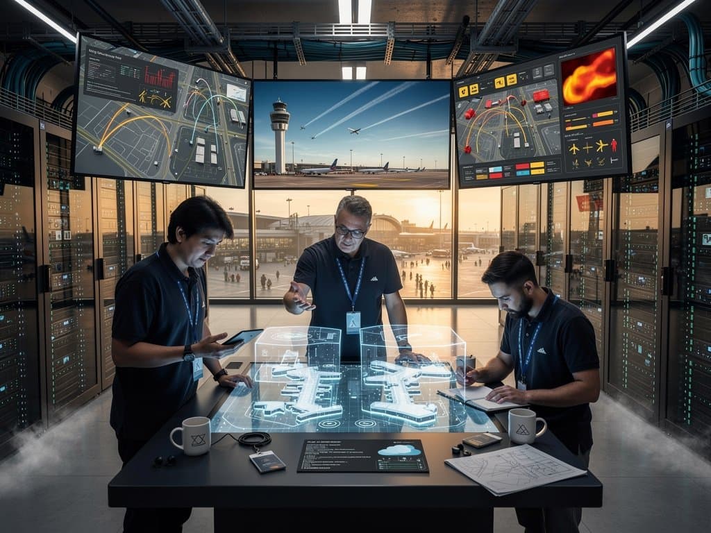 Engineers monitor AI flight dashboards and server racks in a Tier IV data center with cooling vents and runway views through windows
