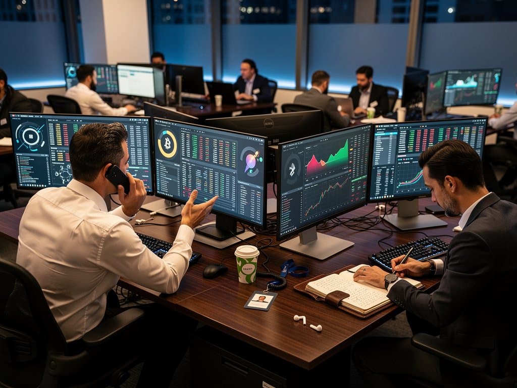 Trading desk monitors displaying AI agent security dashboards and crypto charts with BTC price and Fear Index.