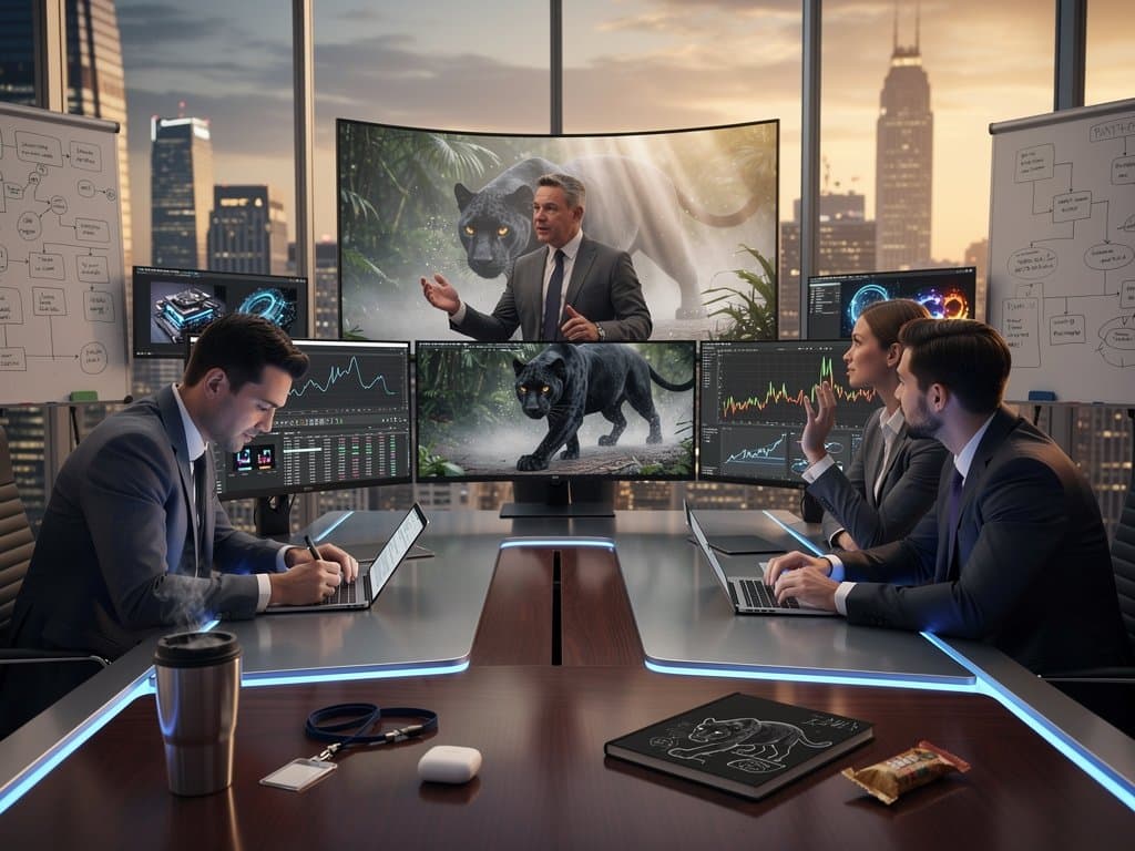 AI cat-to-panther video morph on monitor in enterprise conference room with editing tools and charts
