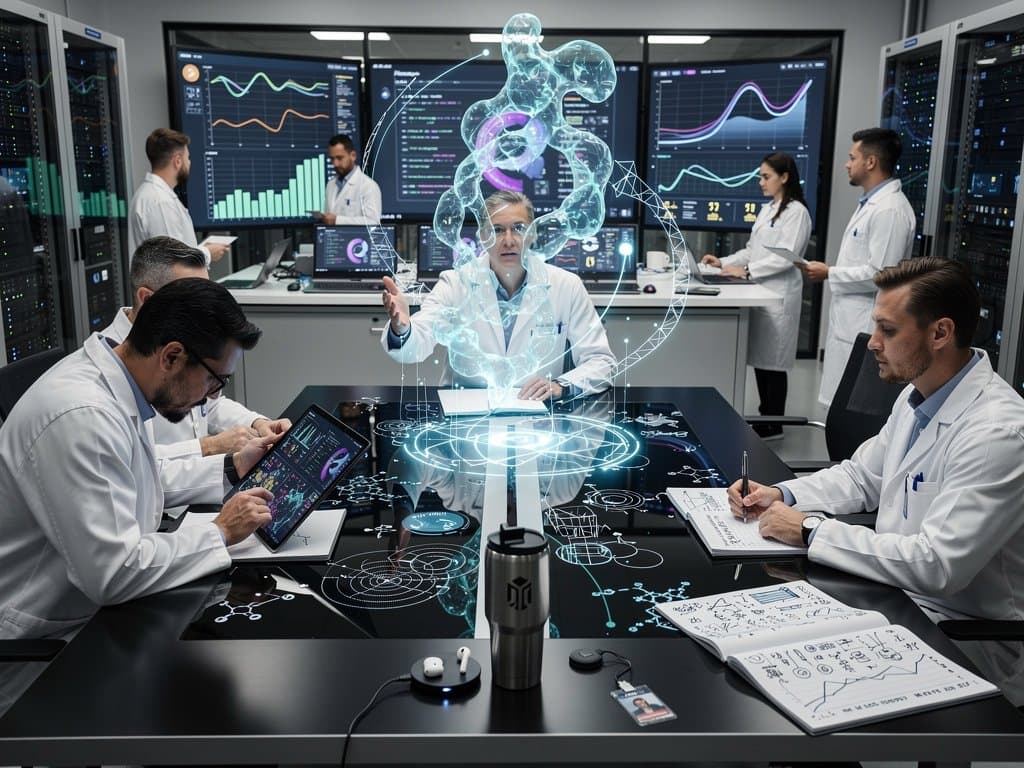 Holographic AI protein models and genomic screens in modern biotech lab with crypto tickers