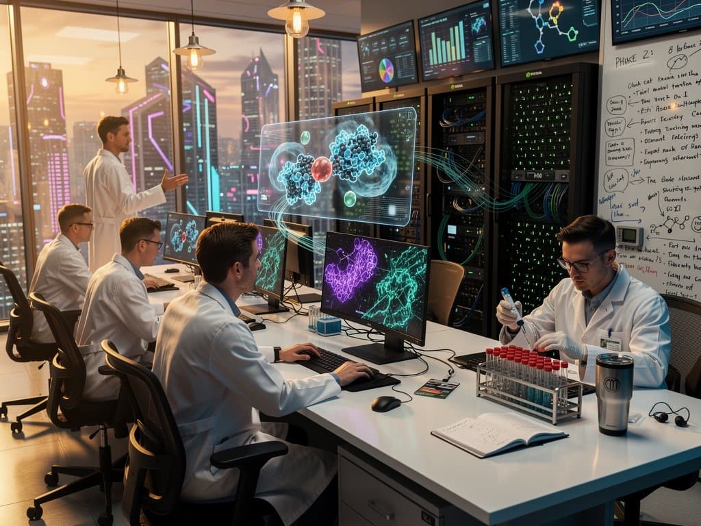Futuristic AI drug discovery lab with protein models, GPU racks, and molecular visualizations
