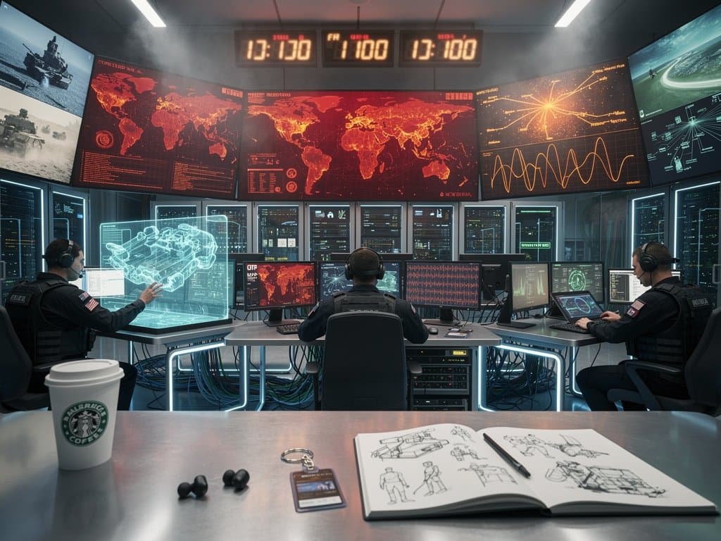 AI screens in military command center showing mission maps and cyber threats