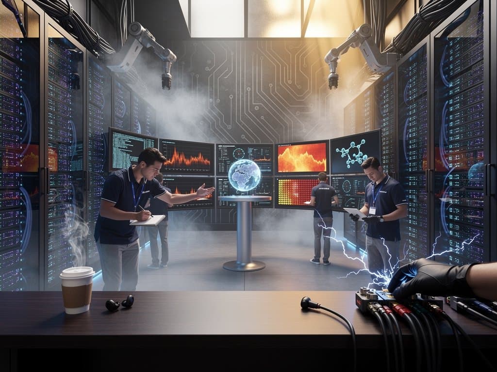 Futuristic data center illustrating Alphabet AI spending with glowing servers and neural holograms