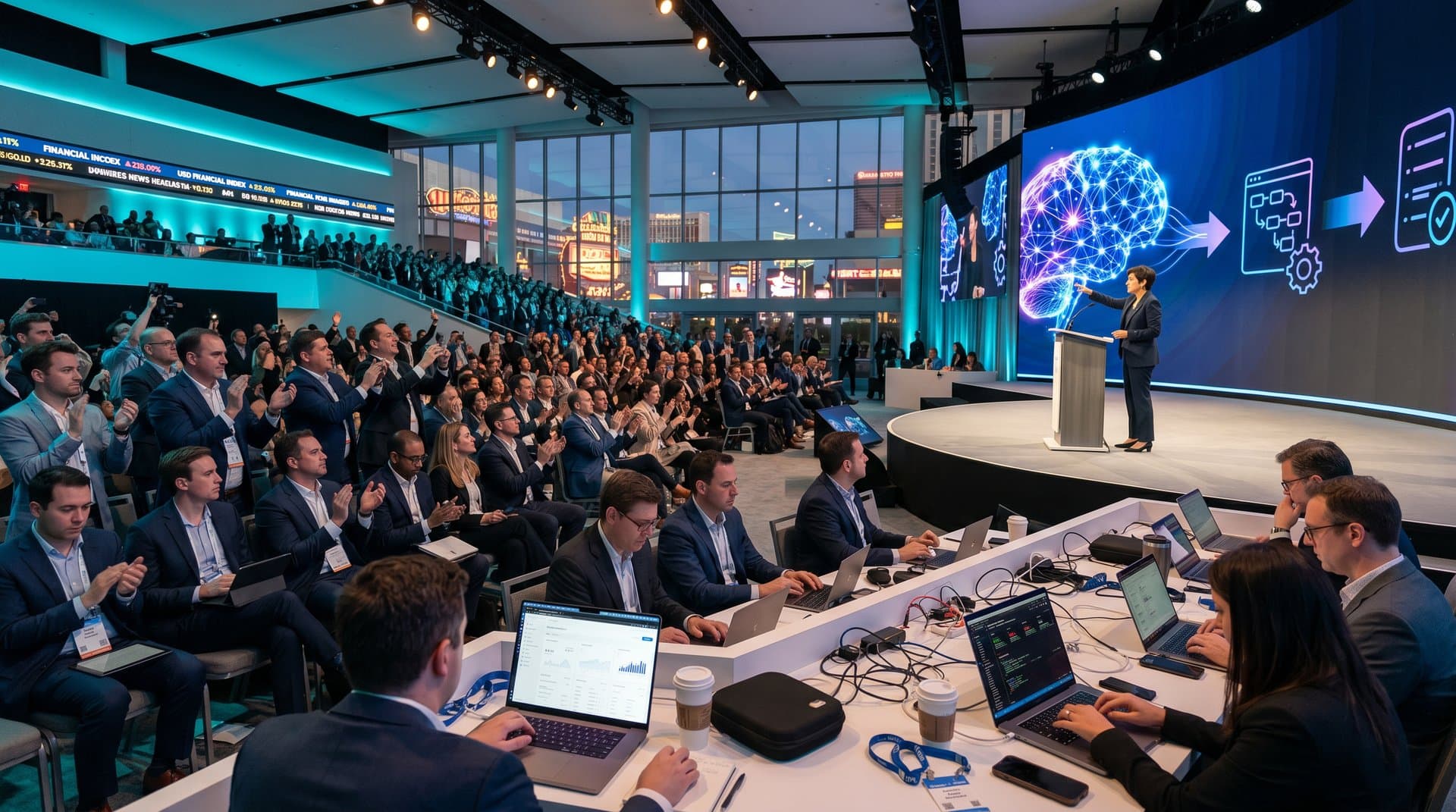 Executives applaud agentic AI demos on giant screen at Google Cloud Next keynote hall
