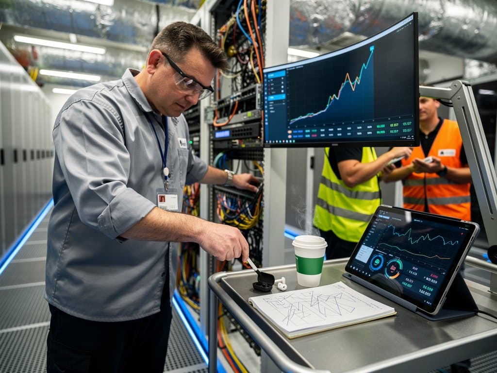 Engineers in high-tech data center monitor blockchain transactions, crypto prices on screens amid server racks and cabling