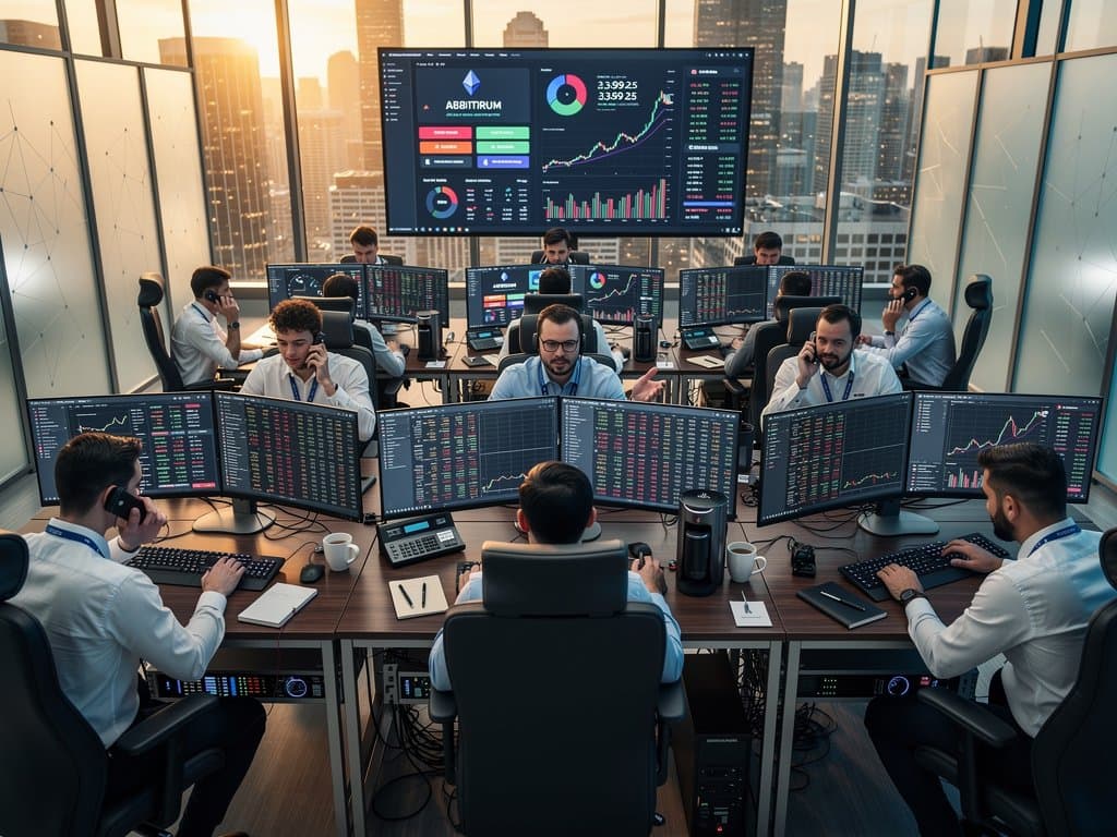 Trading floor monitors display Ethereum price at $2,309.25, Fear & Greed at 29, and Web3 L2 metrics amid city skyline