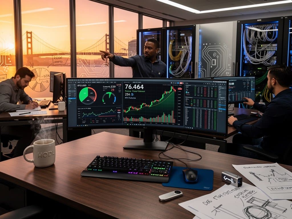 High-tech trading floor with BTC $76K charts, Fear & Greed Index 29, crypto tickers, and secure fintech elements for treasury management