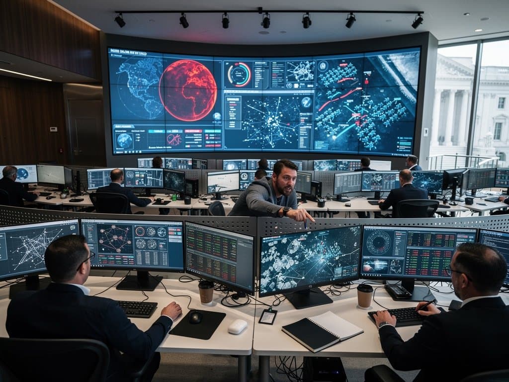 AI defense dashboards on multi-screen setups in secure command center with video walls and data visualizations