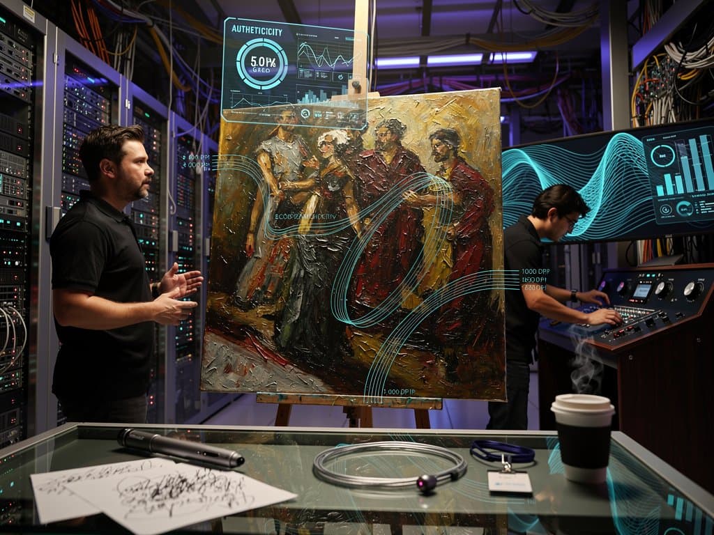 AI brushstroke analysis overlay on El Greco painting with cloud data center background