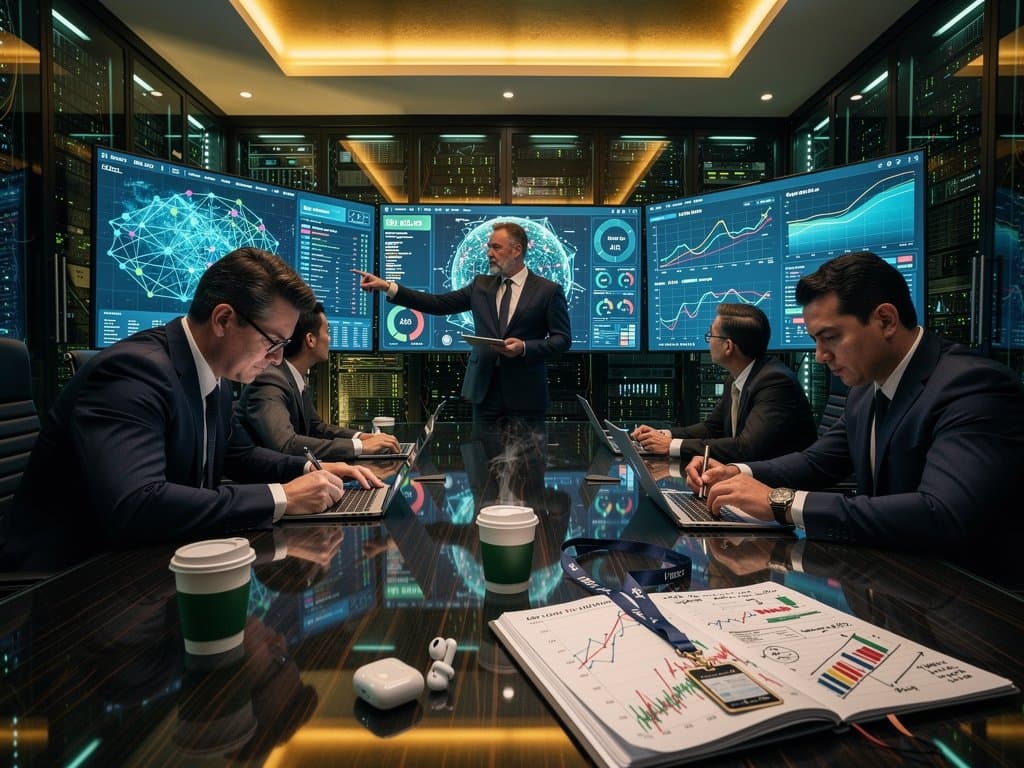 Neural networks and GPU racks in modern AI lab with data dashboards and collaborative tech setup