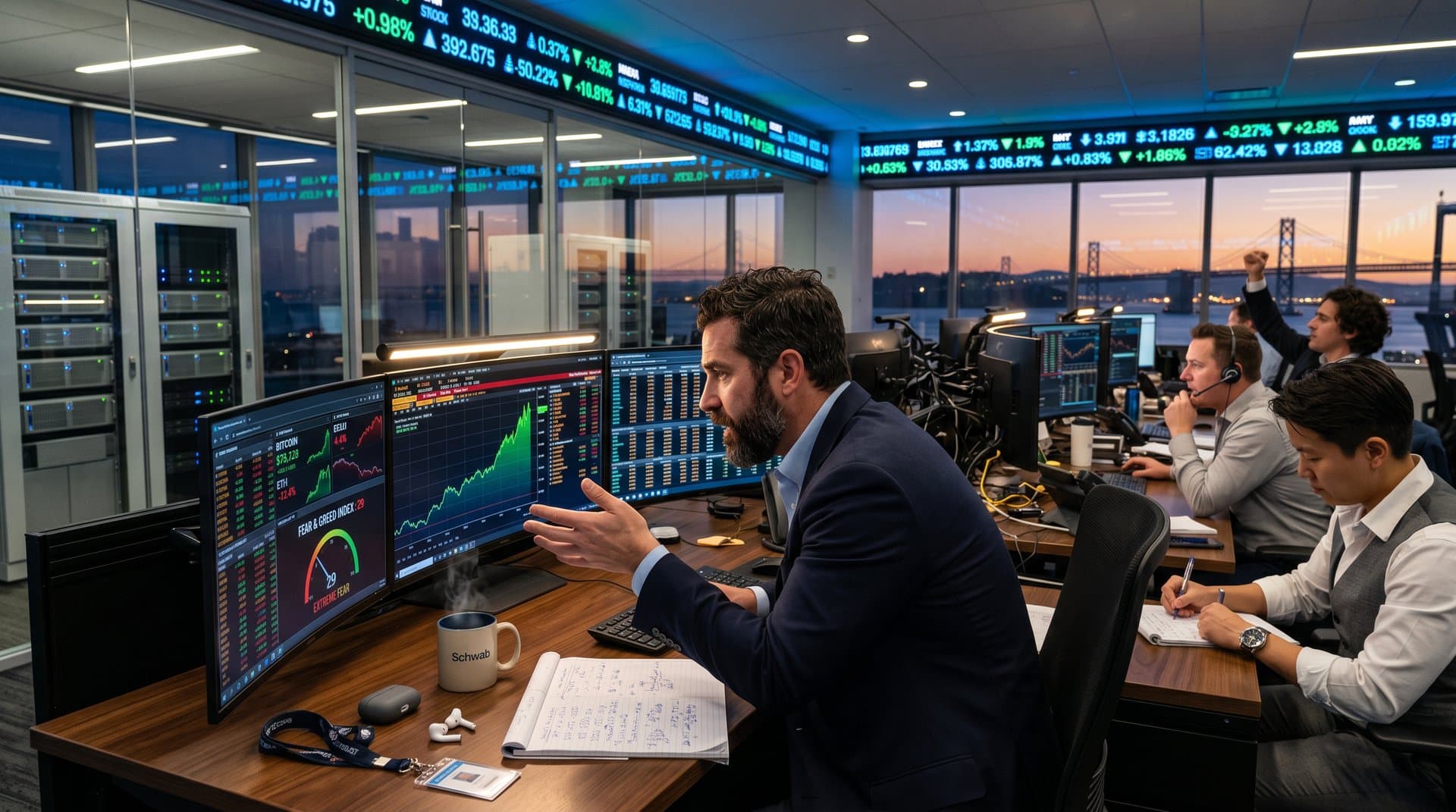 Modern trading desk with monitors showing Schwab crypto charts, Bitcoin at $75K, and Fear Index