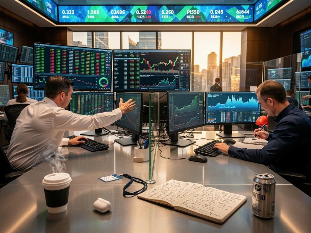 Trading screens displaying Schwab Crypto ETF charts, Fear Index at 33, and BTC/ETH prices on multi-monitor setups