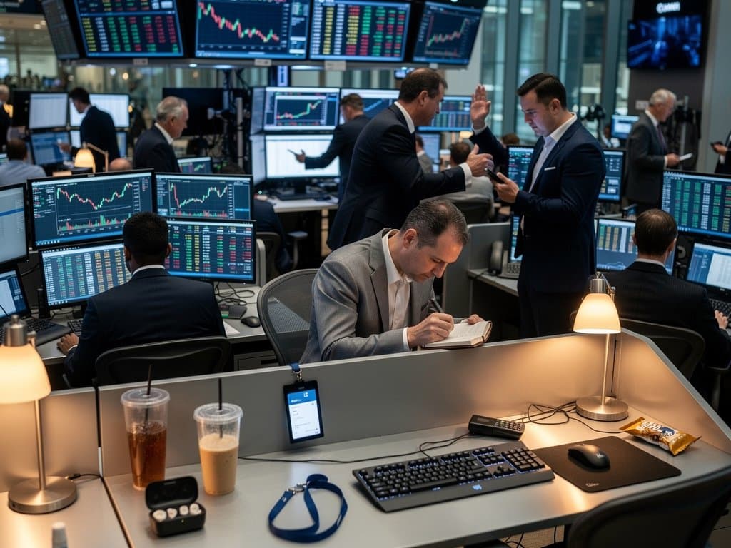 Traders analyzing Bitcoin price charts and Fear & Greed Index on trading floor monitors with city skyline view