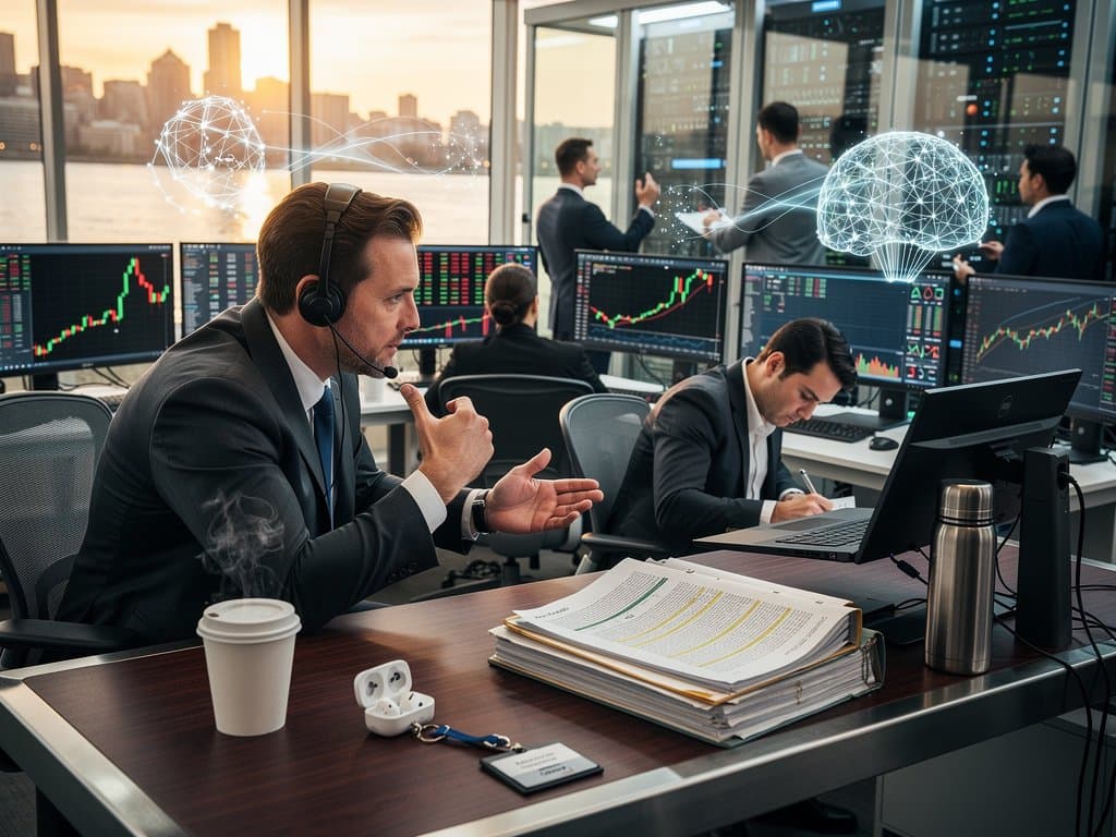 Trading desks with Bloomberg terminals showing AI stock charts for Microsoft, Alphabet, TSMC under modern office lighting
