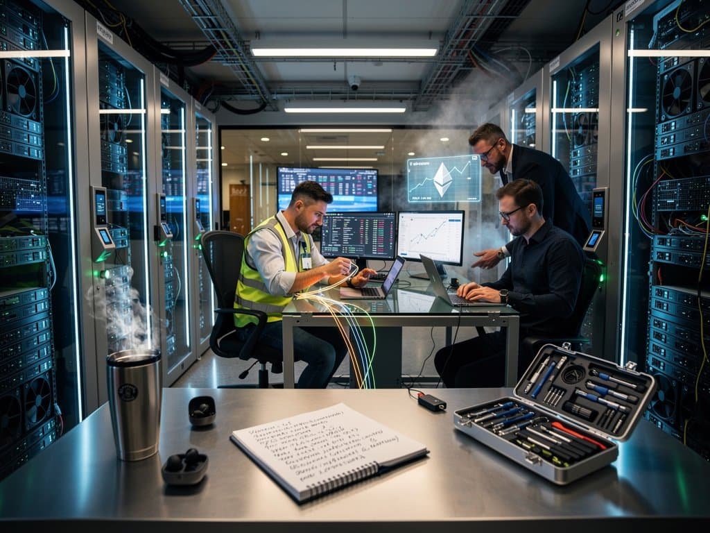 Engineer monitors blockchain dashboards in Tier IV data center amid server racks, crypto price screens, and technicians at high-end consoles