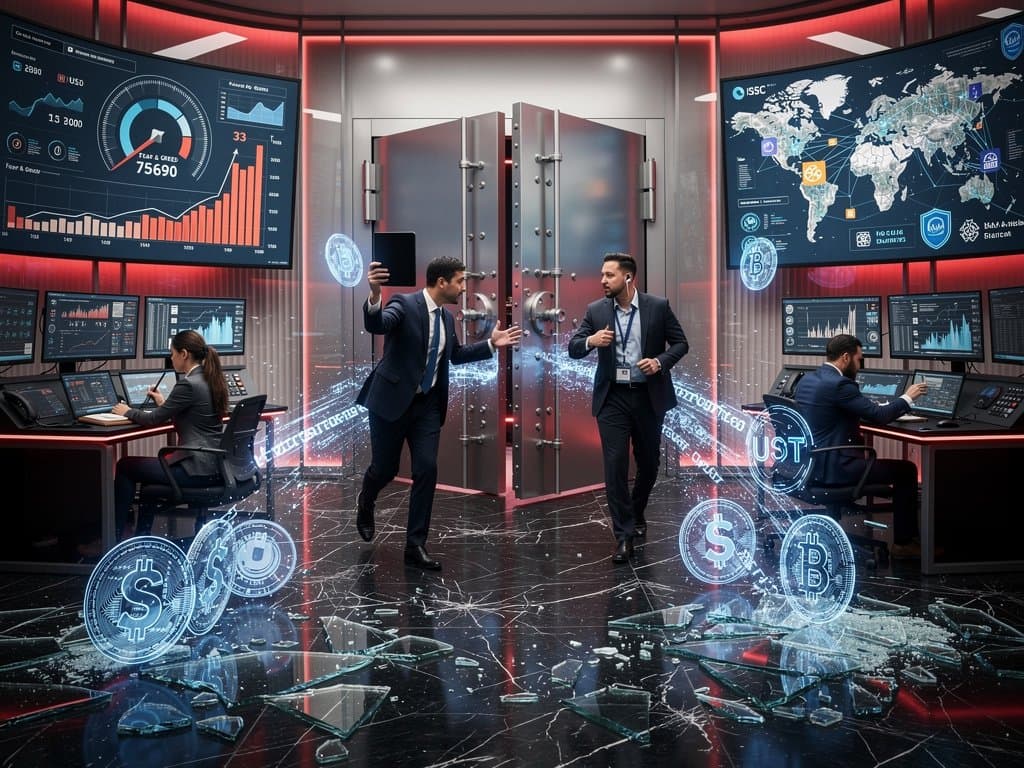 Abstract cyberpunk central bank vault with US stablecoins holograms, Fear & Greed 33, and regulatory warnings