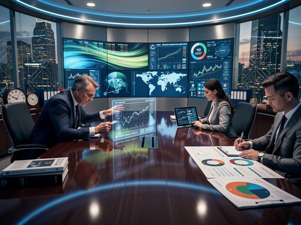 Central bank boardroom with stablecoin risk charts, USDT reserve breakdowns, and financial skyline at dusk