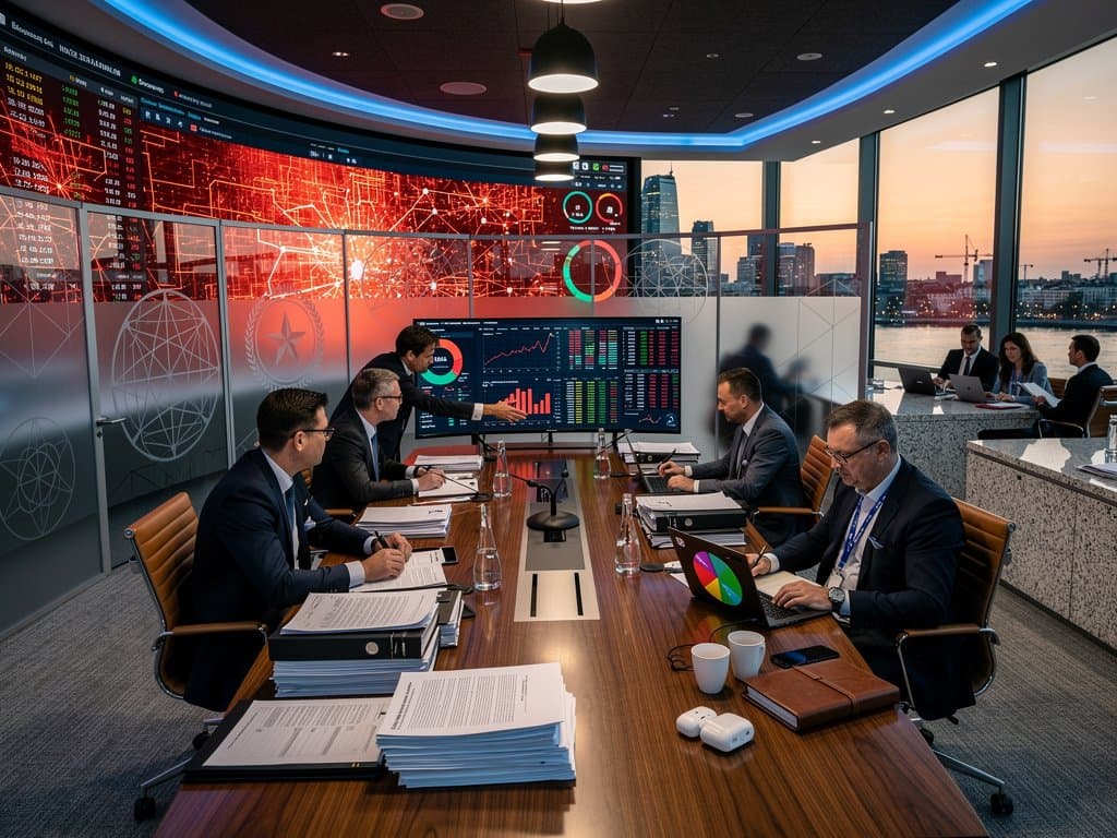 ECB briefing room with walnut table, Bloomberg terminals showing crypto charts at $75,786 BTC and 33 Fear & Greed, OLED screen on US stablecoin risks, glass partitions