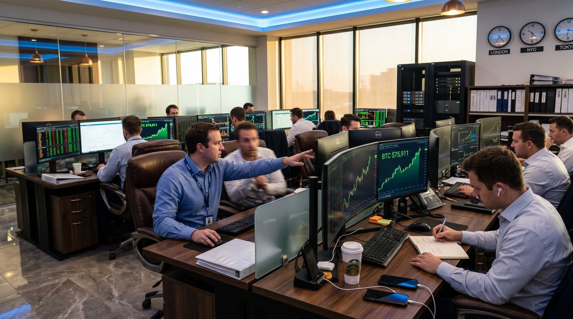 Trading floor terminals show BTC at $75,911 and altcoin surges amid ETF momentum