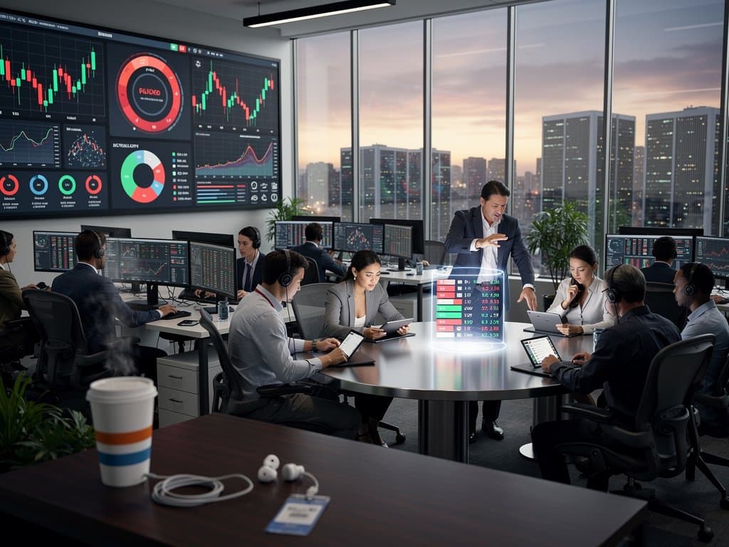 Trading floor executives analyze crypto charts for Bitcoin, Ethereum, and Fear & Greed Index from Forbes top 10 list