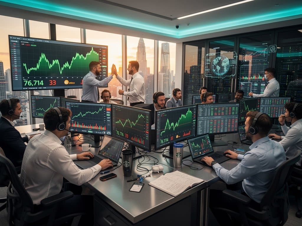 Trading screens show Bitcoin price at $76,714 and Fear & Greed Index at 33 on fintech floor