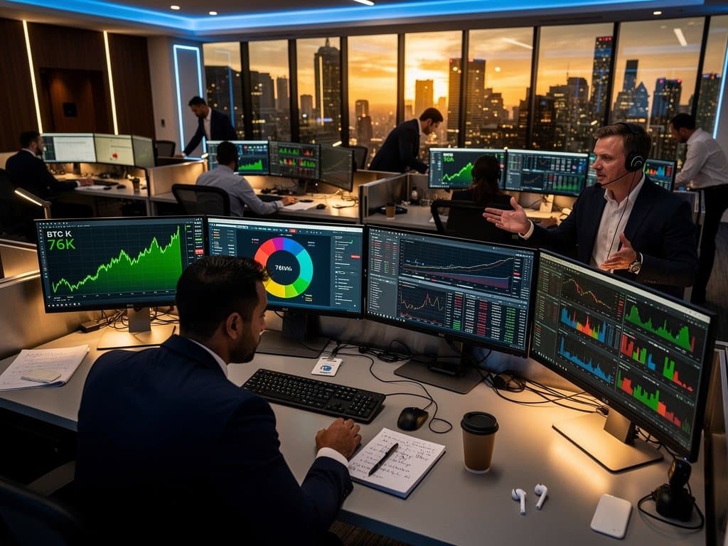 Trading screens show Bitcoin at $76K, Fear & Greed at 33, crypto charts in fintech office