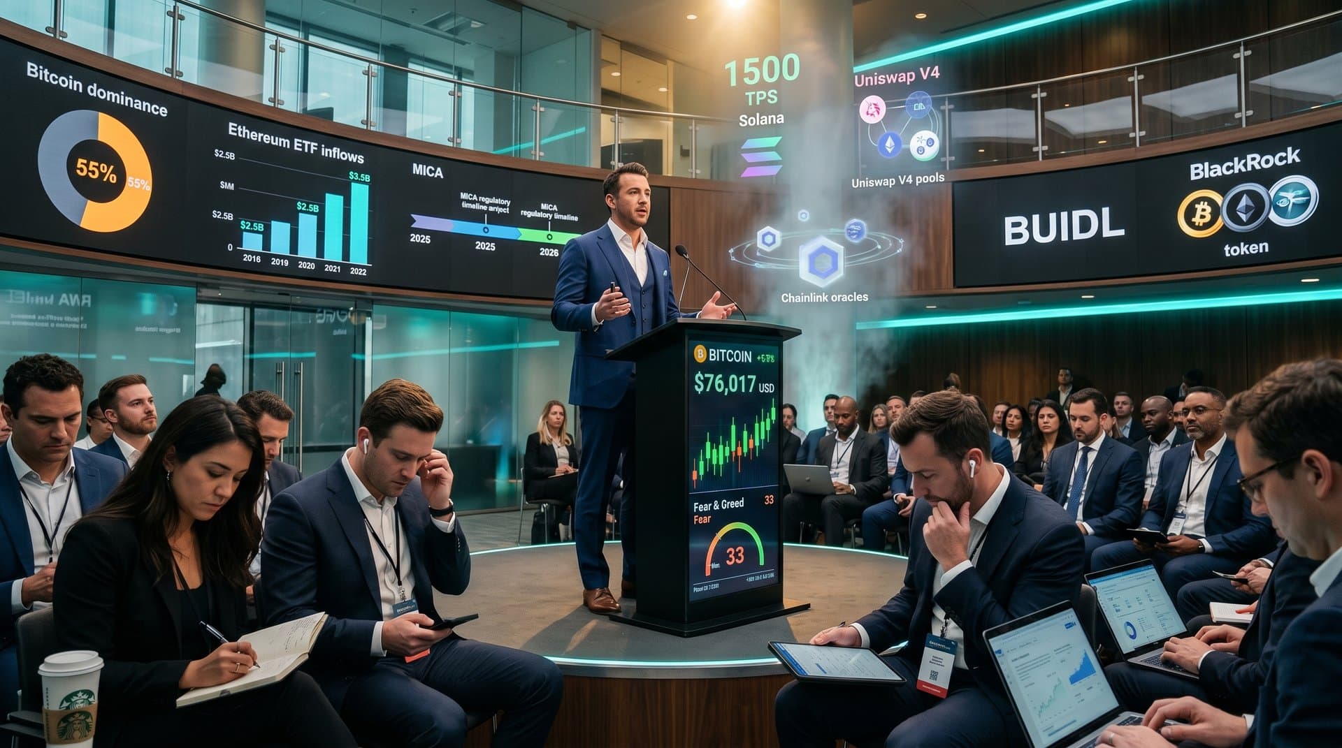 Futurist speaker at conference podium with crypto charts on screens, executives noting details amid modern stage lighting