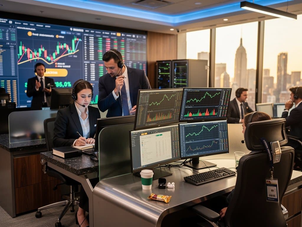 Abstract trading floor with terminals showing Bitcoin at $75K, stablecoin data, Fear & Greed Index, and market caps on multi-screens