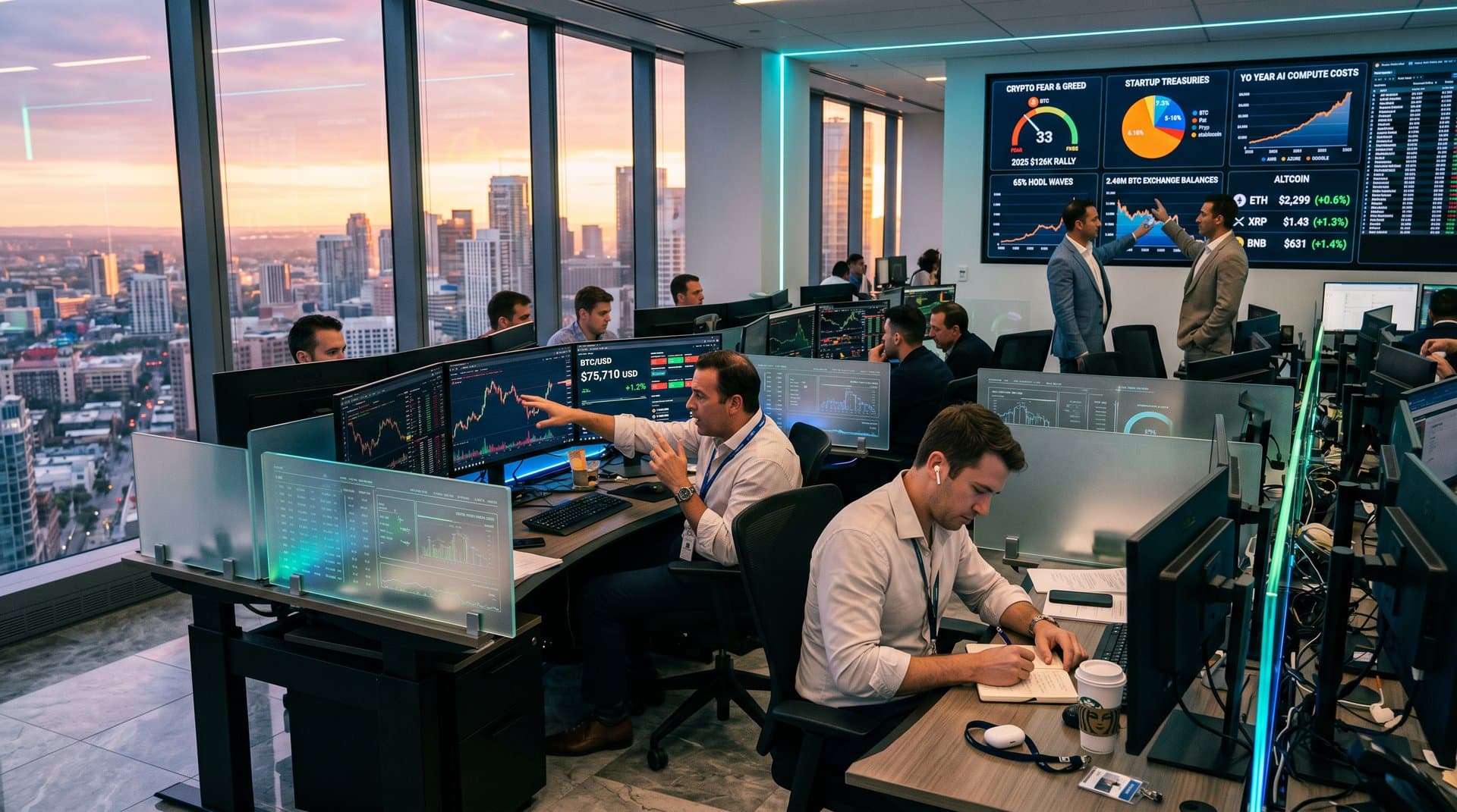 Trading floor terminals display Bitcoin price at $75,710, Fear & Greed 33, and crypto treasury charts in professional finance environment