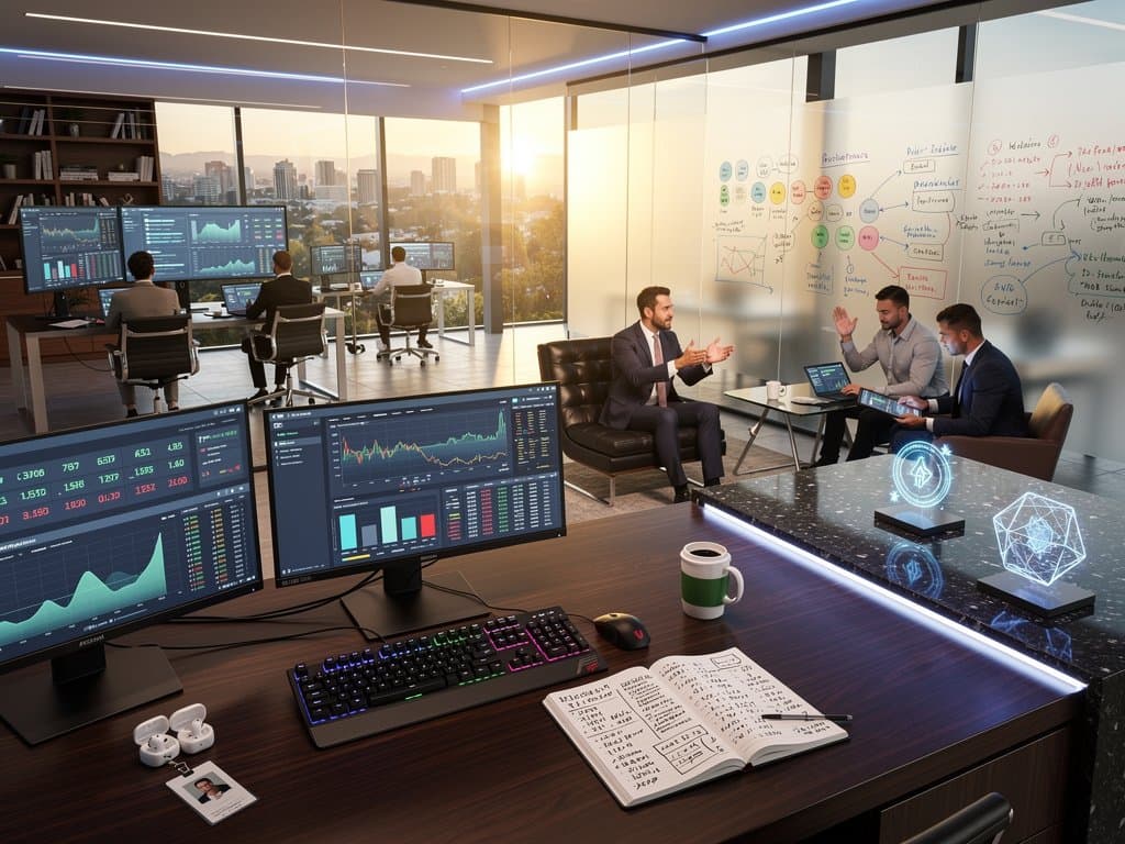 Venture capital office with Solana charts on multi-monitor desk, analysts collaborating on crypto analytics