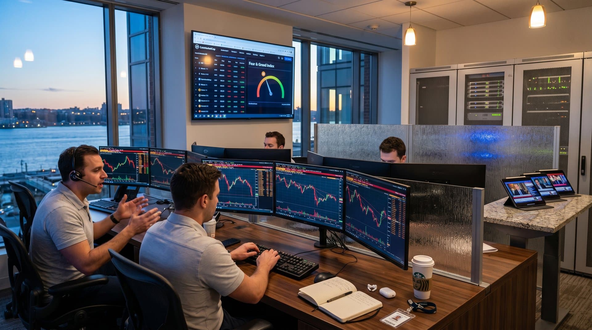 Bloomberg terminals display XRP and Bitcoin charts with market data and Fear & Greed Index on trading floor