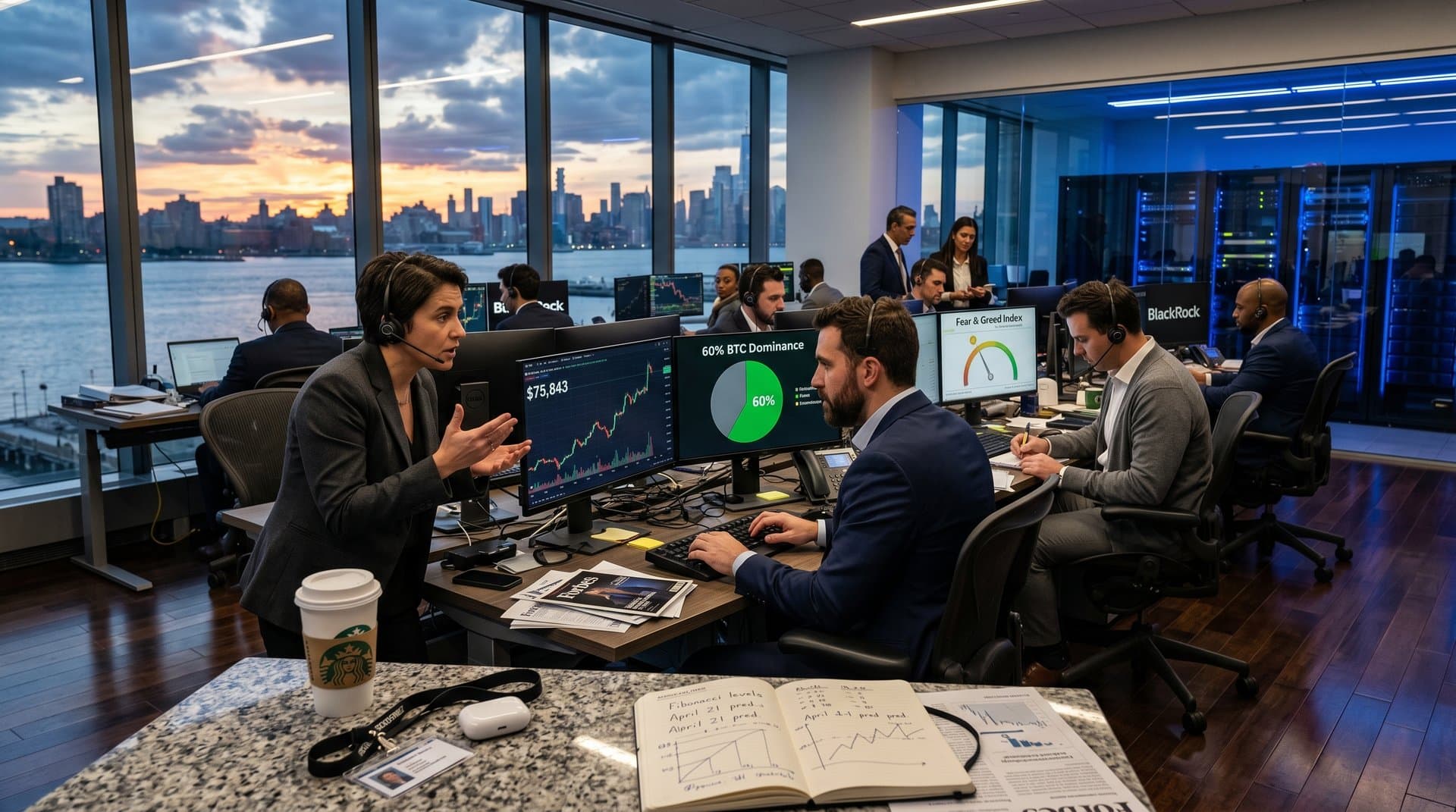 Traders analyze Bitcoin price prediction charts, dominance data, and Fear & Greed Index on trading floor