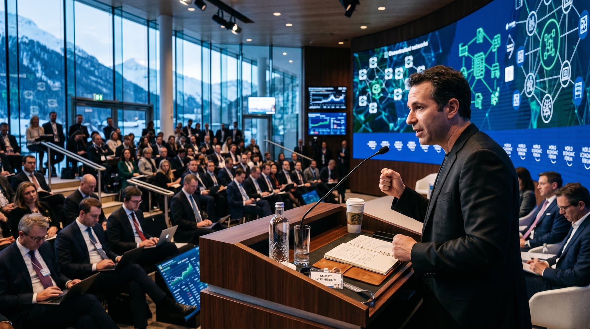 Futurist speaker on WEF stage with executives viewing crypto charts amid LED screens and alpine backdrop