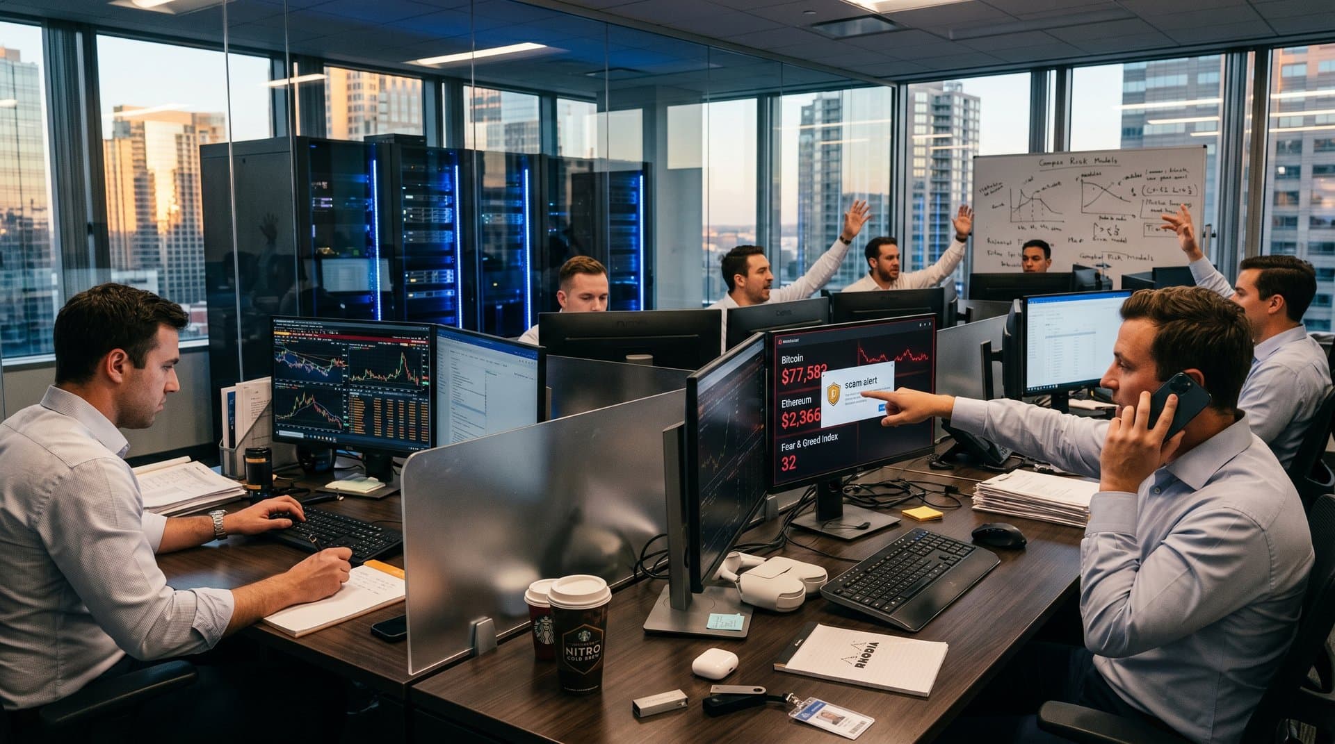 Trading desks with Bloomberg terminals showing crypto prices and Fear & Greed Index in high-stakes finance environment